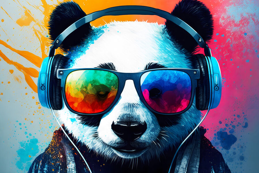 Panda so slúchadlami a slnečnými okuliarmi