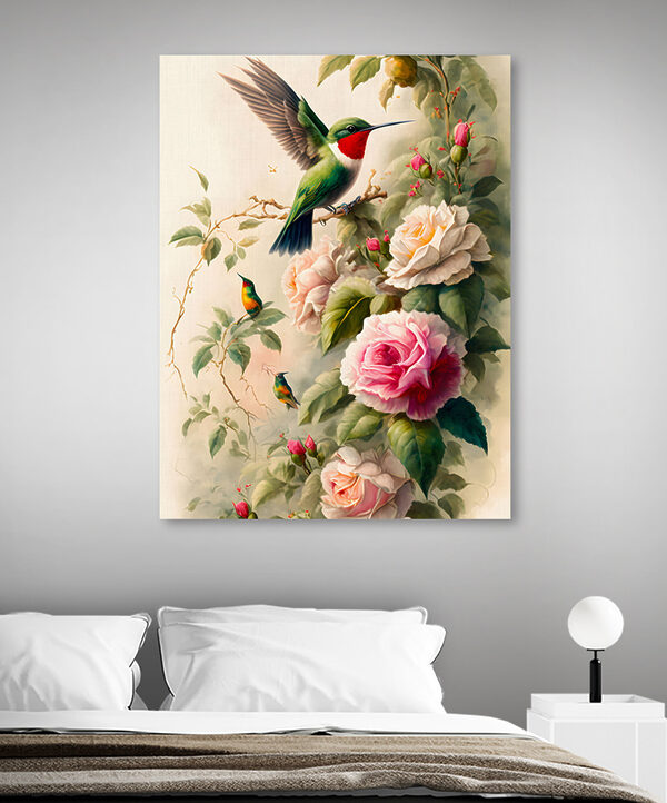 A painting of birds on a branch with flowers