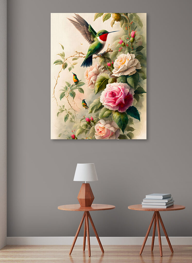 A painting of birds on a branch with flowers