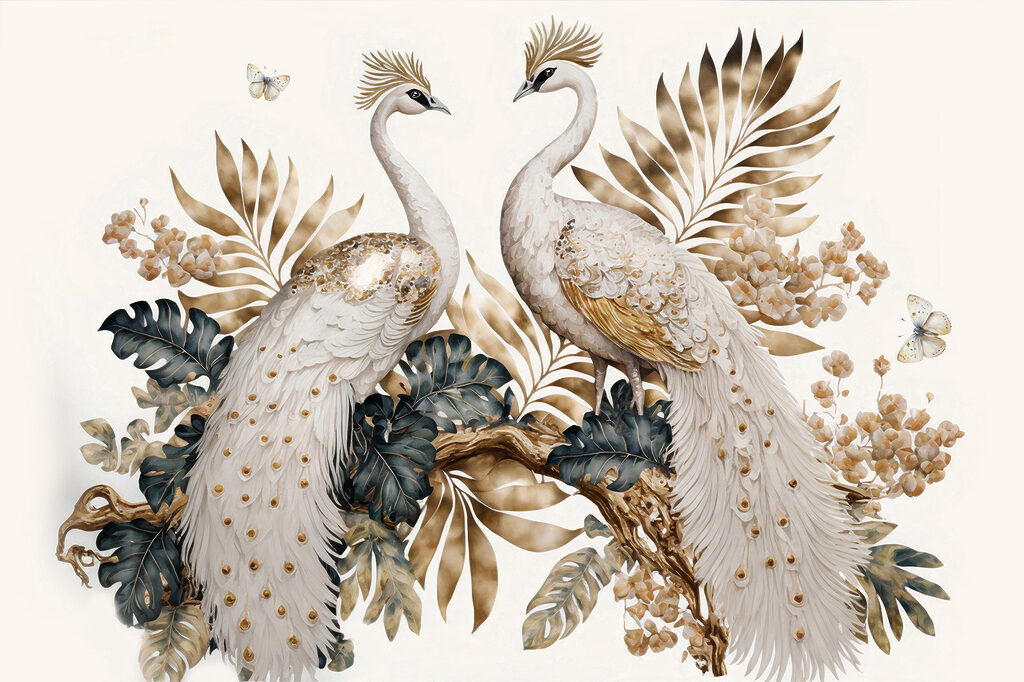 Elegant peacocks amidst serene floral beauty Elegant peacocks amidst serene floral beauty