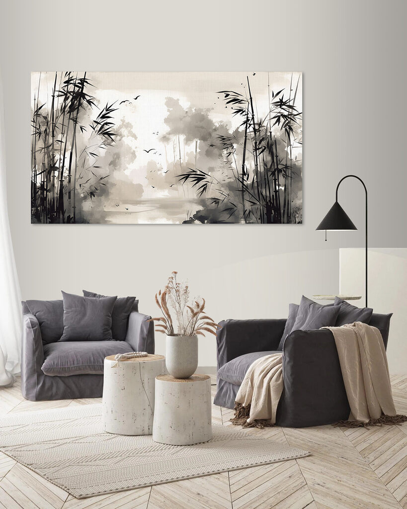 A black and white painting of trees and birds A black and white painting of trees and birds
