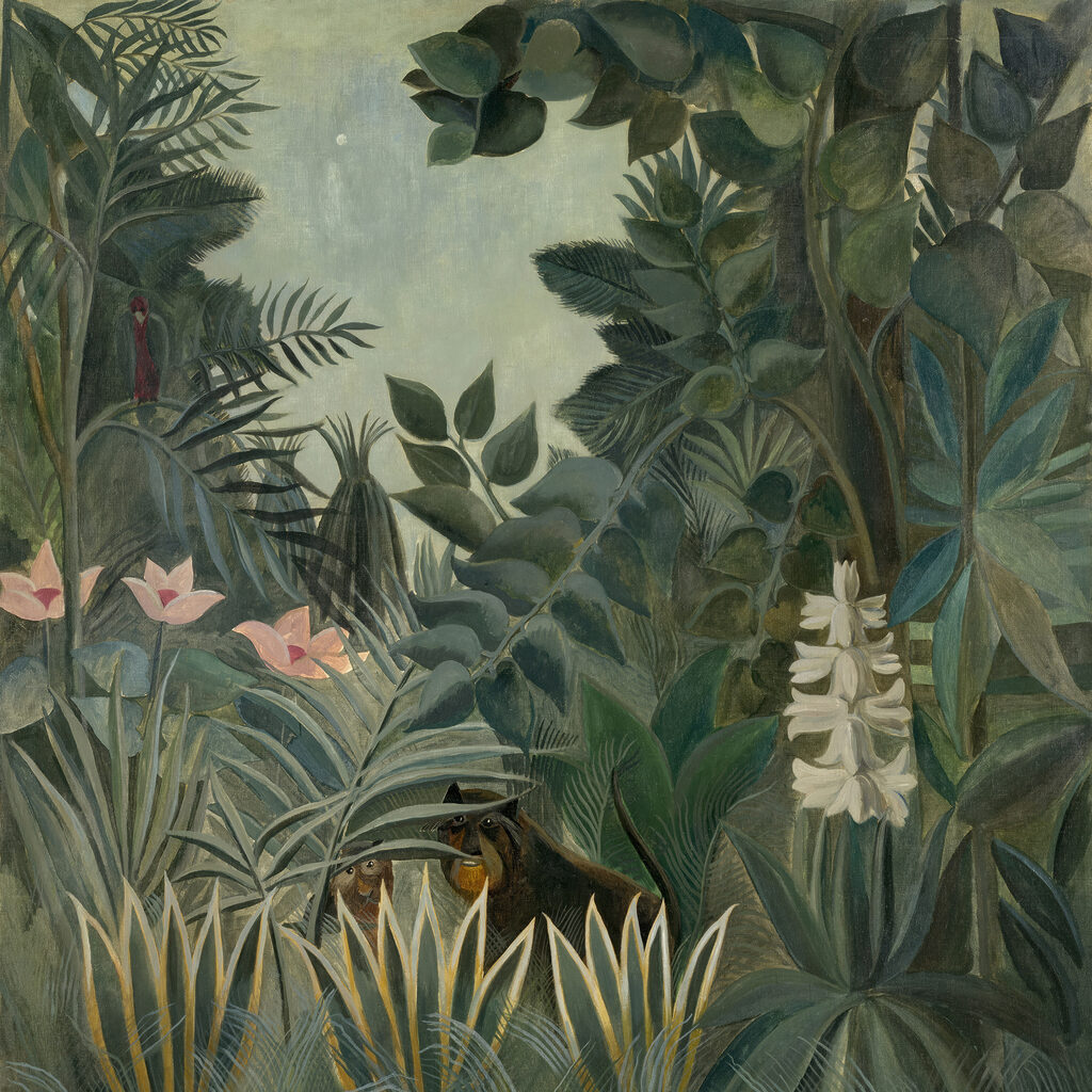 A painting of a jungle with plants and flowers A painting of a jungle with plants and flowers