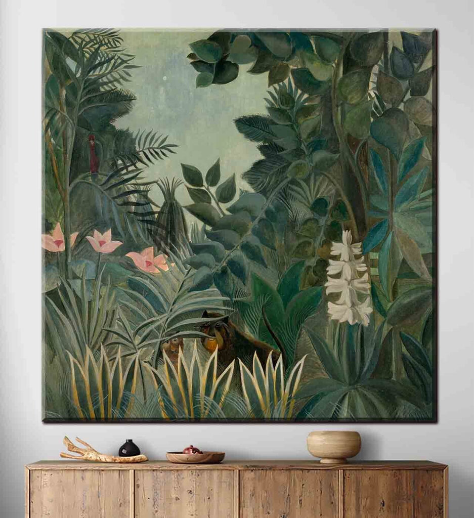 A painting of a jungle with plants and flowers A painting of a jungle with plants and flowers