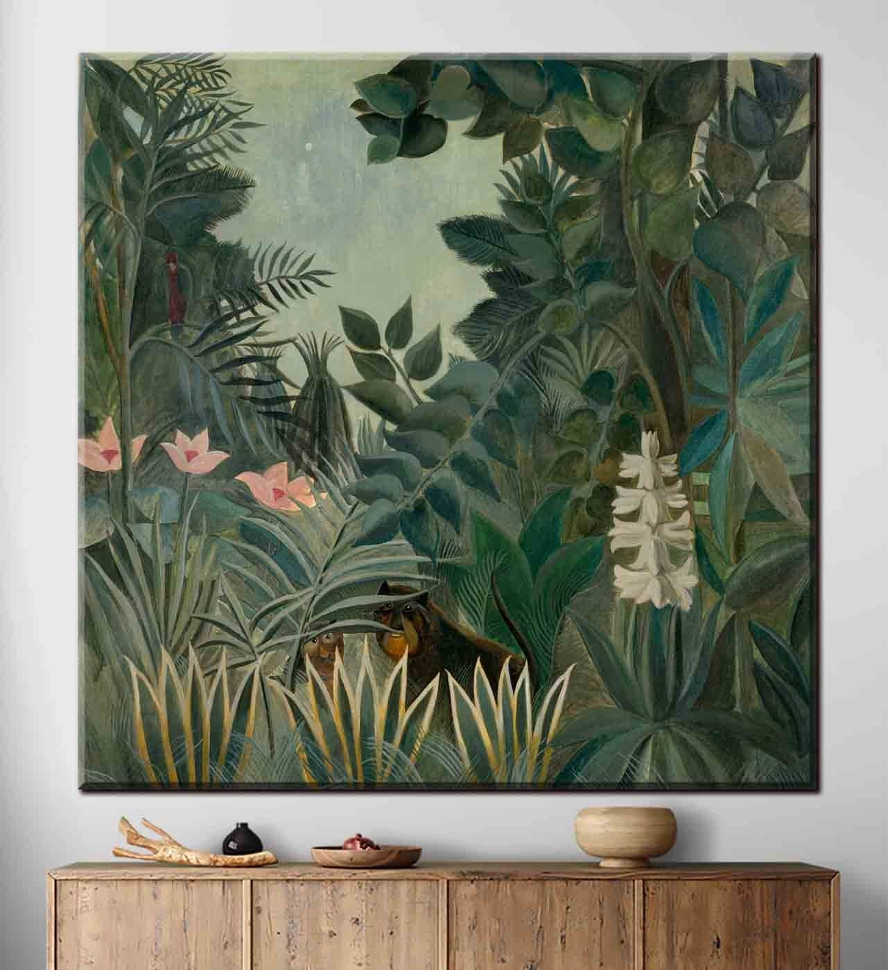 A painting of a jungle with plants and flowers A painting of a jungle with plants and flowers