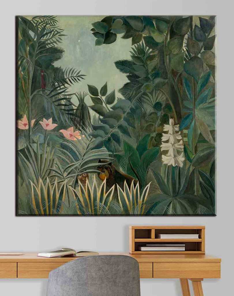A painting of a jungle with plants and flowers A painting of a jungle with plants and flowers