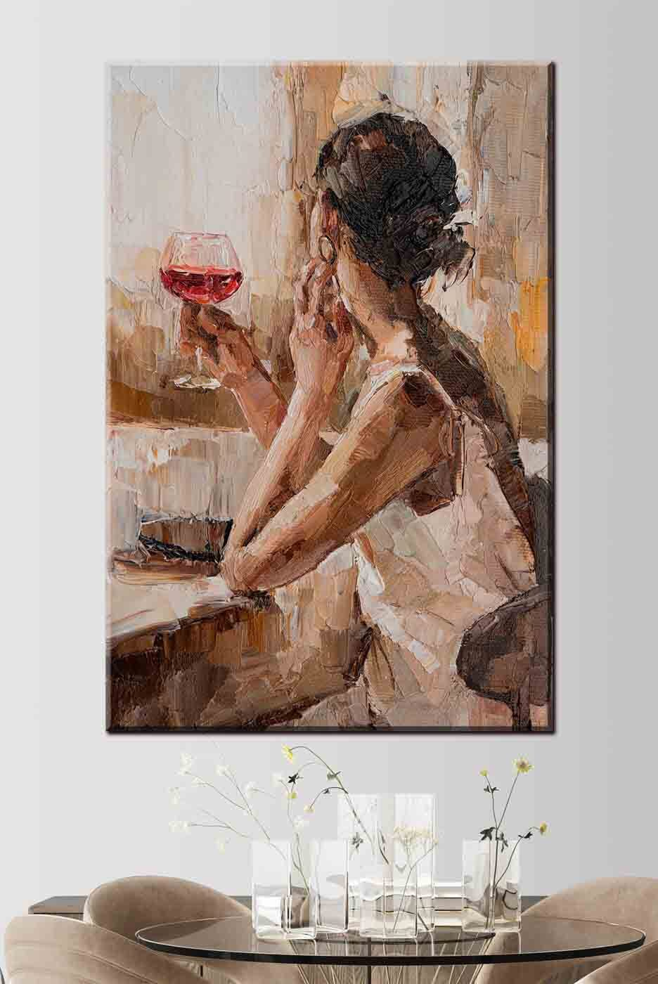 A painting of a woman holding a glass of wine A painting of a woman holding a glass of wine