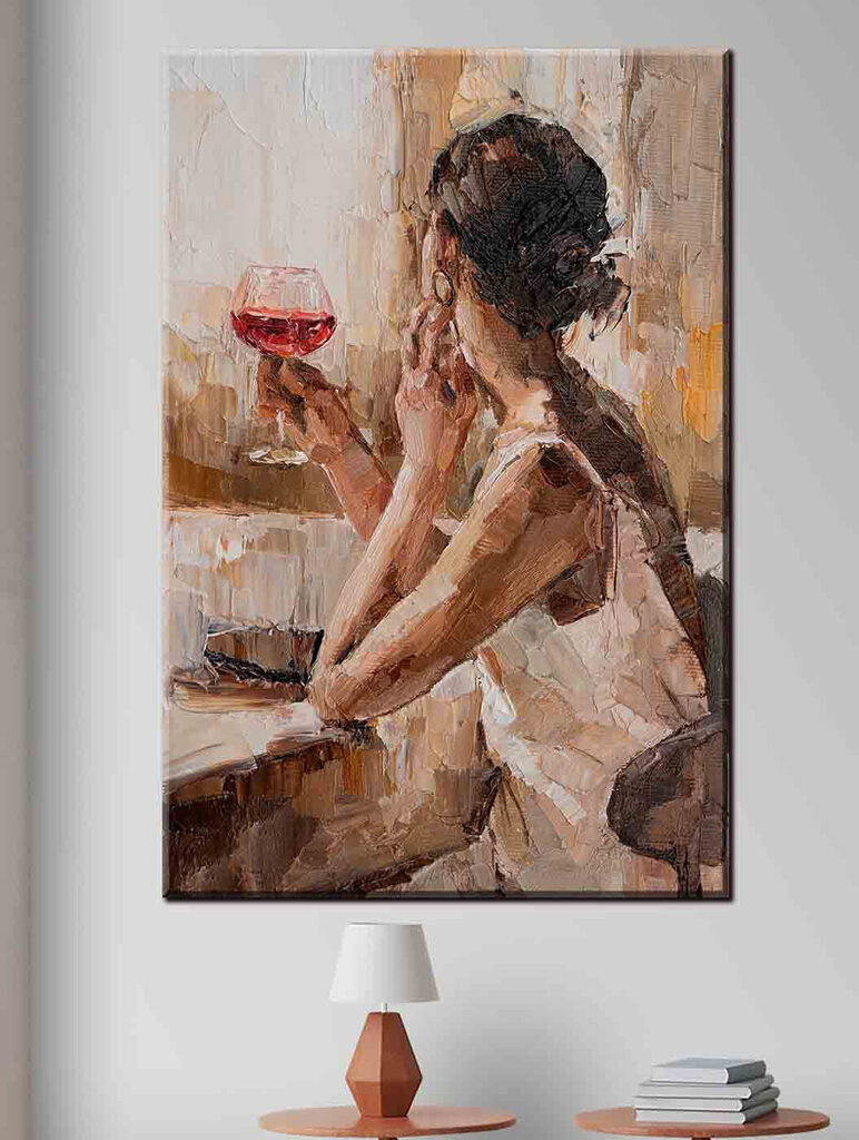A painting of a woman holding a glass of wine A painting of a woman holding a glass of wine