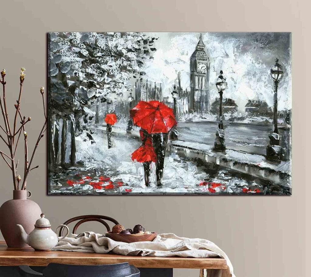 A painting of a couple holding umbrellas in a snowy city