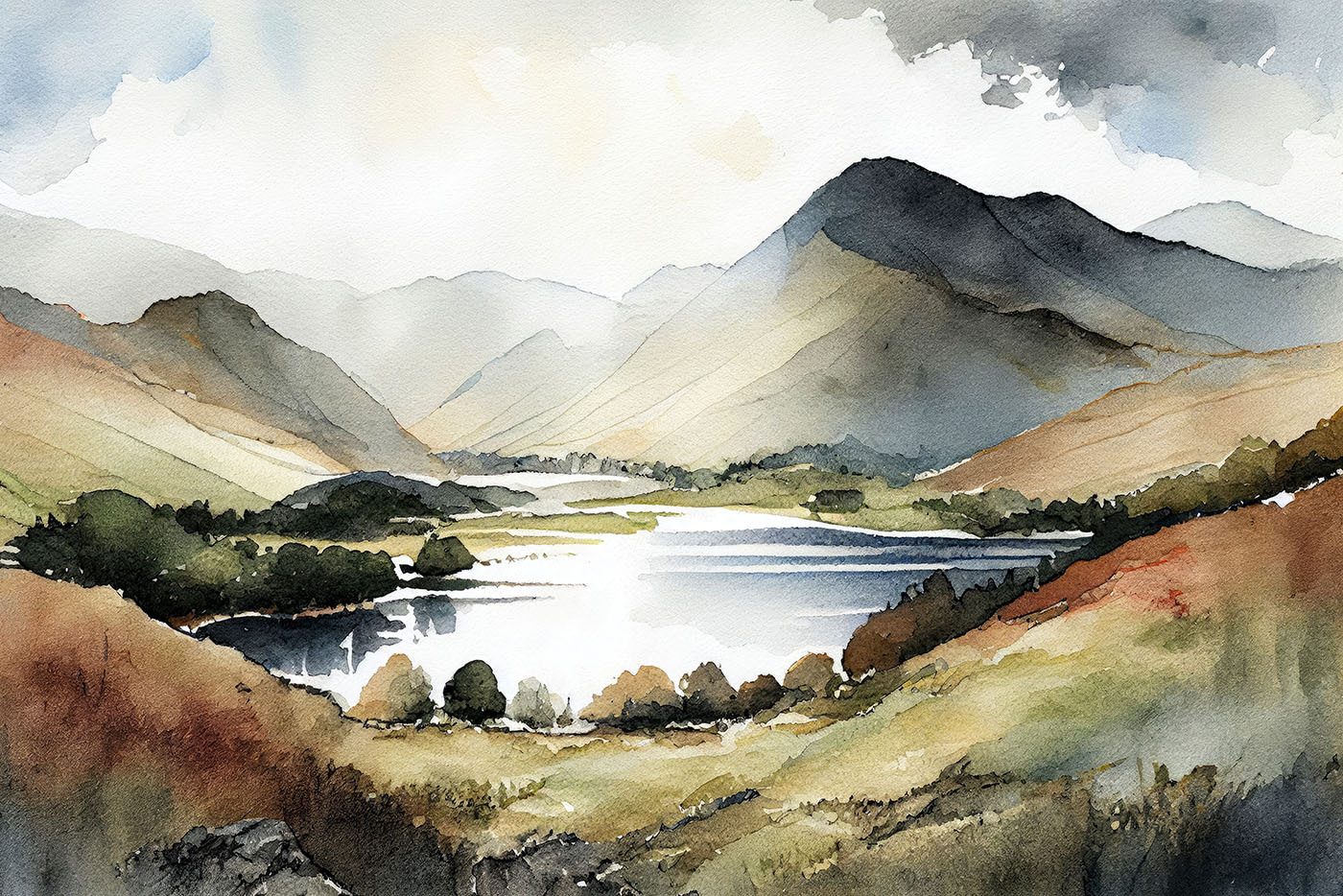 Watercolor of a lake surrounded by mountains