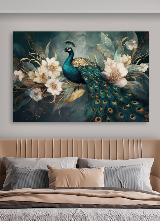 A peacock sitting on a branch with flowers