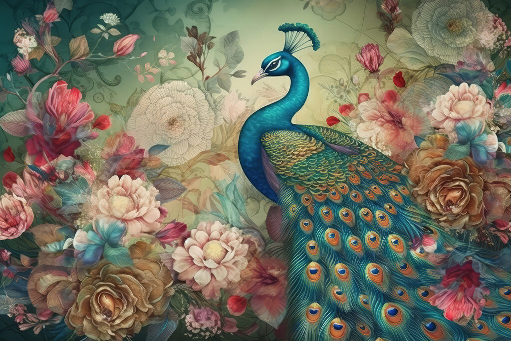 A peacock with flowers and leaves A peacock with flowers and leaves