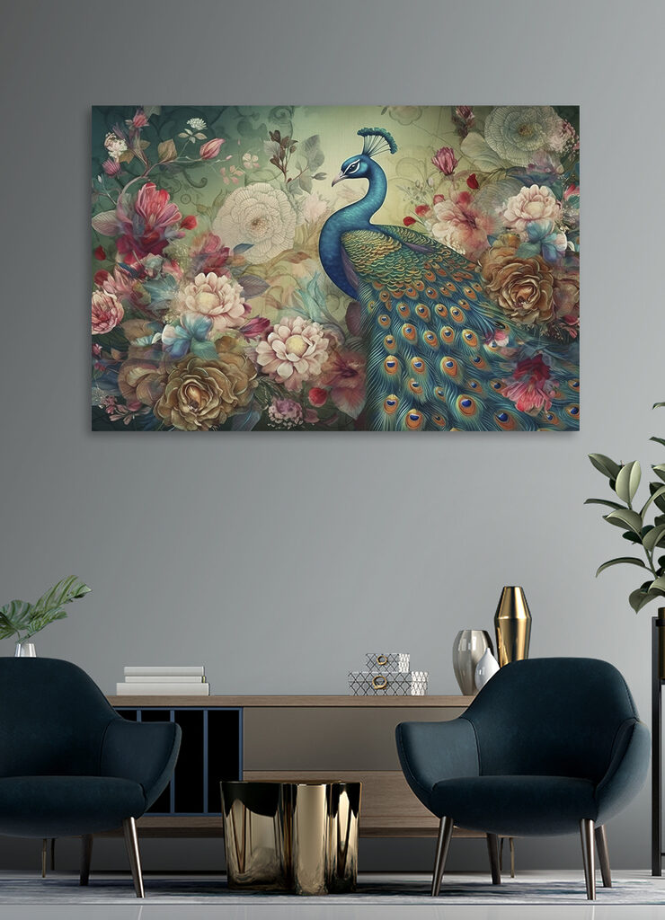 A peacock with flowers and leaves A peacock with flowers and leaves