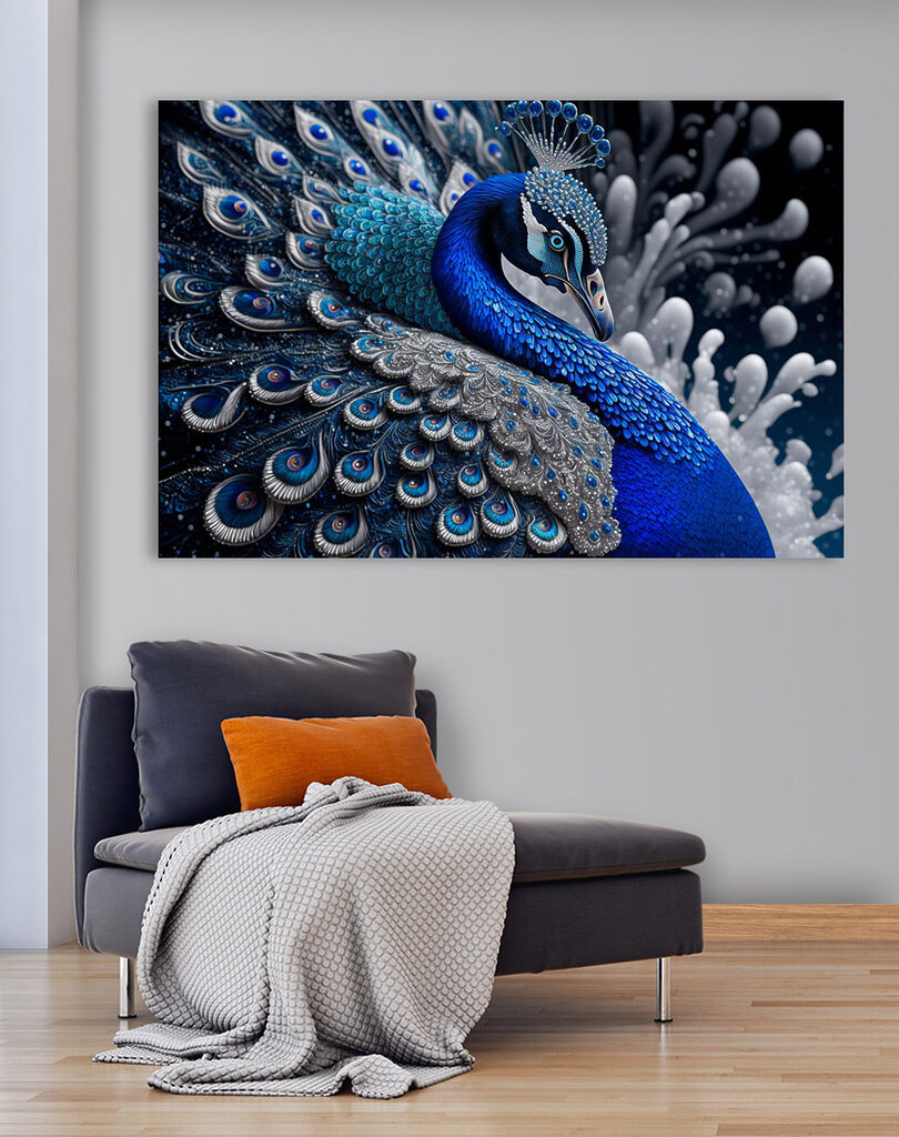 A blue and silver peacock