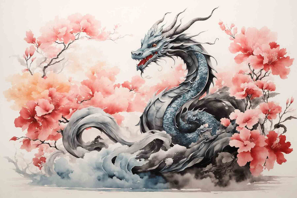 A dragon with pink flowers