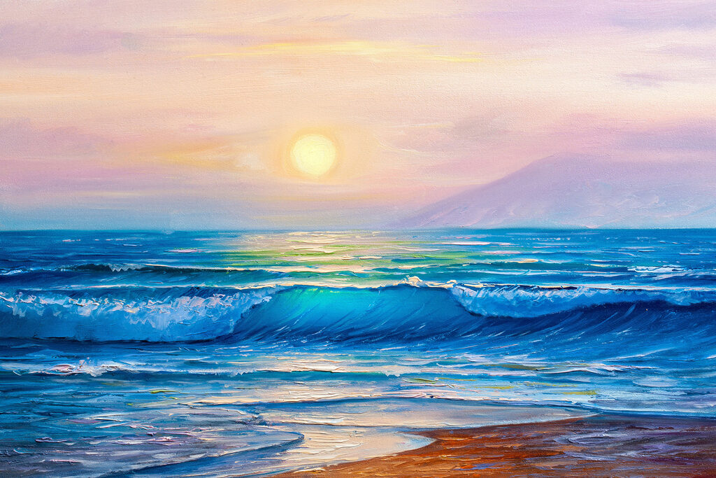 A painting of a beach with waves and a sunset A painting of a beach with waves and a sunset