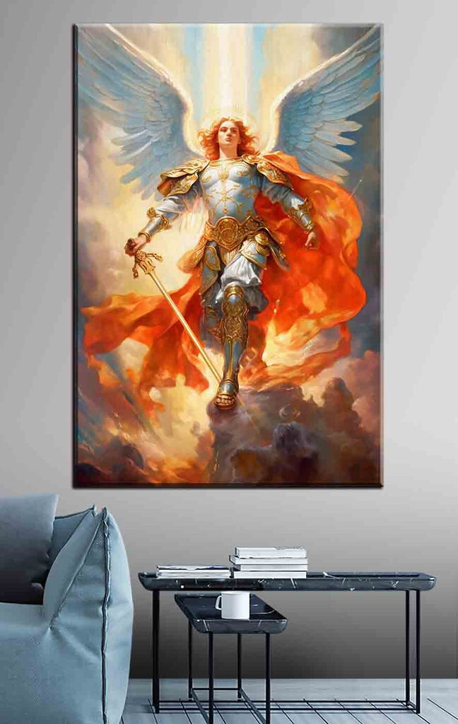 A painting of a person in armor with wings and a sword