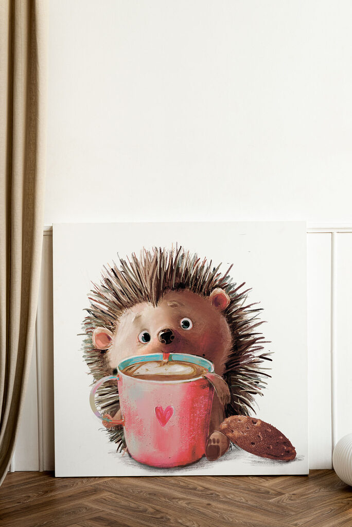 A hedgehog holding a cup of coffee