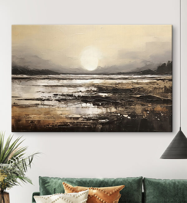 A painting of a beach with the sun in the background