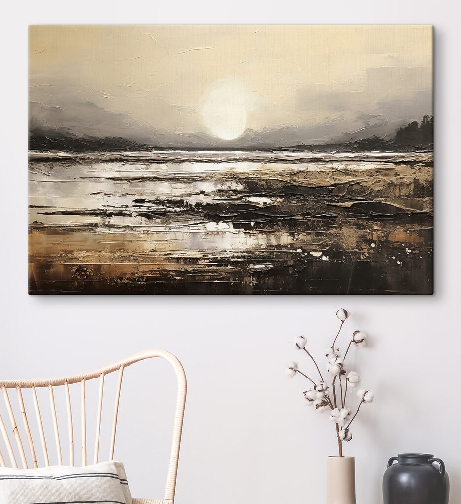 A painting of a beach with the sun in the background