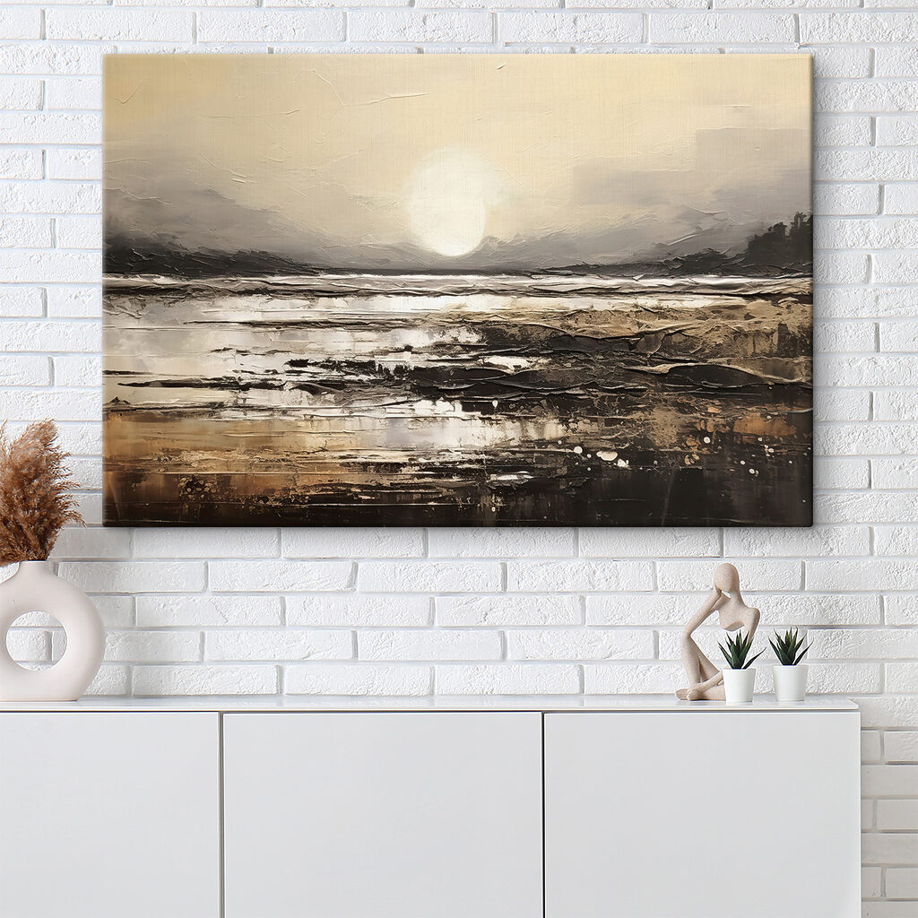 A painting of a beach with the sun in the background