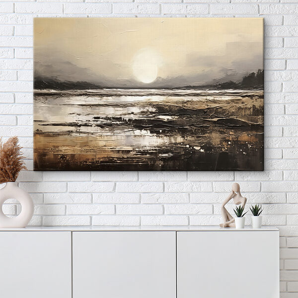 A painting of a beach with the sun in the background