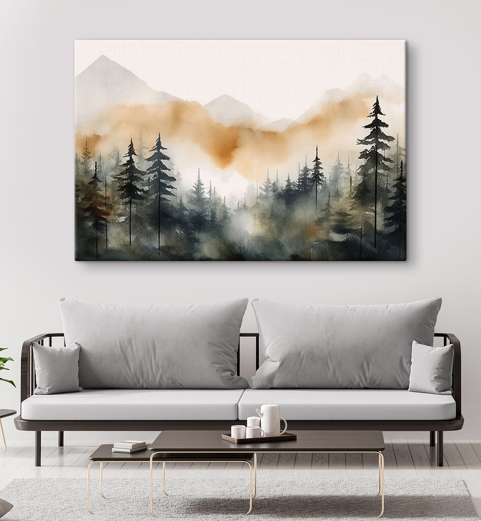A watercolor of a forest with mountains in the background A watercolor of a forest with mountains in the background