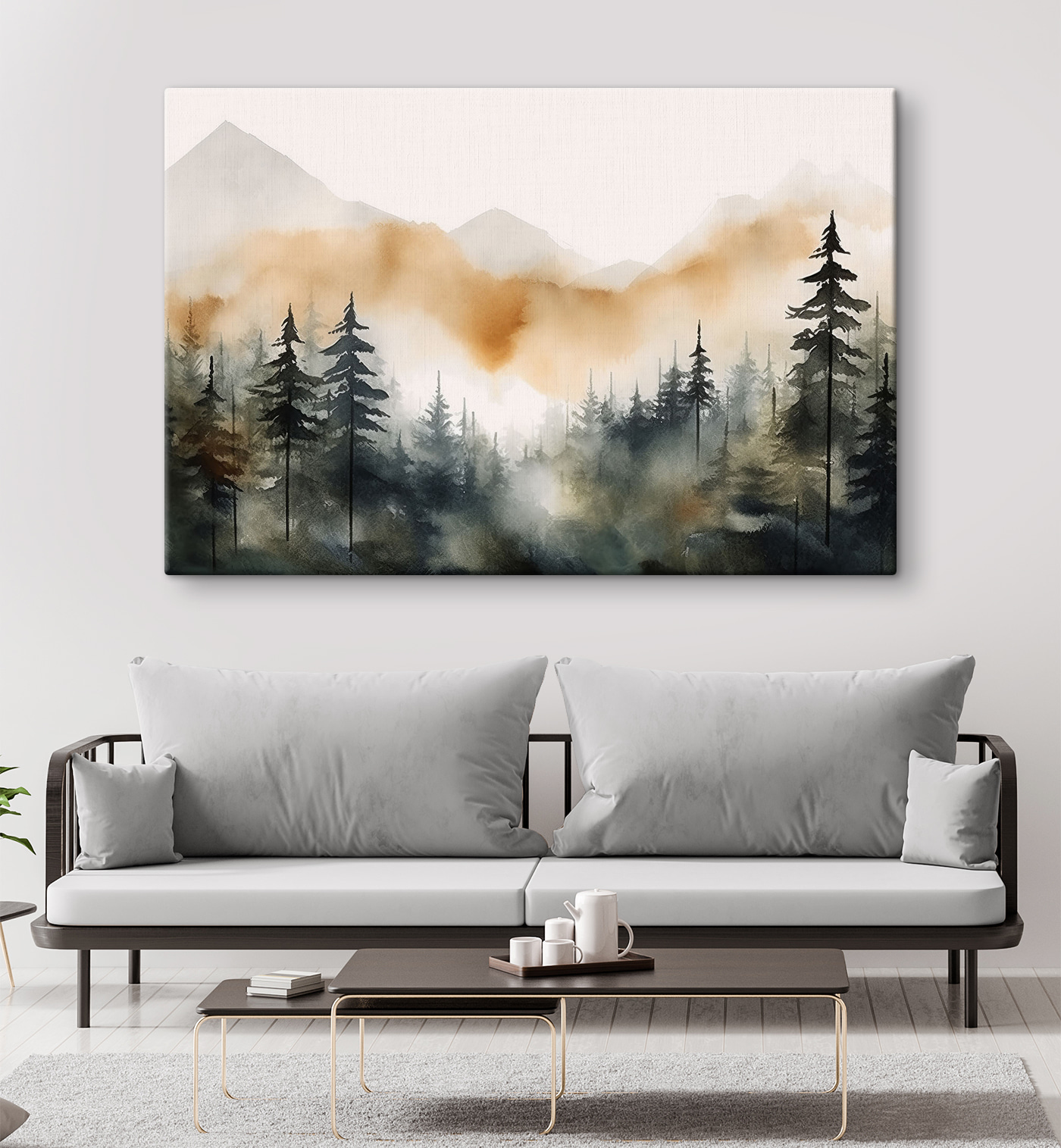 A watercolor of a forest with mountains in the background A watercolor of a forest with mountains in the background