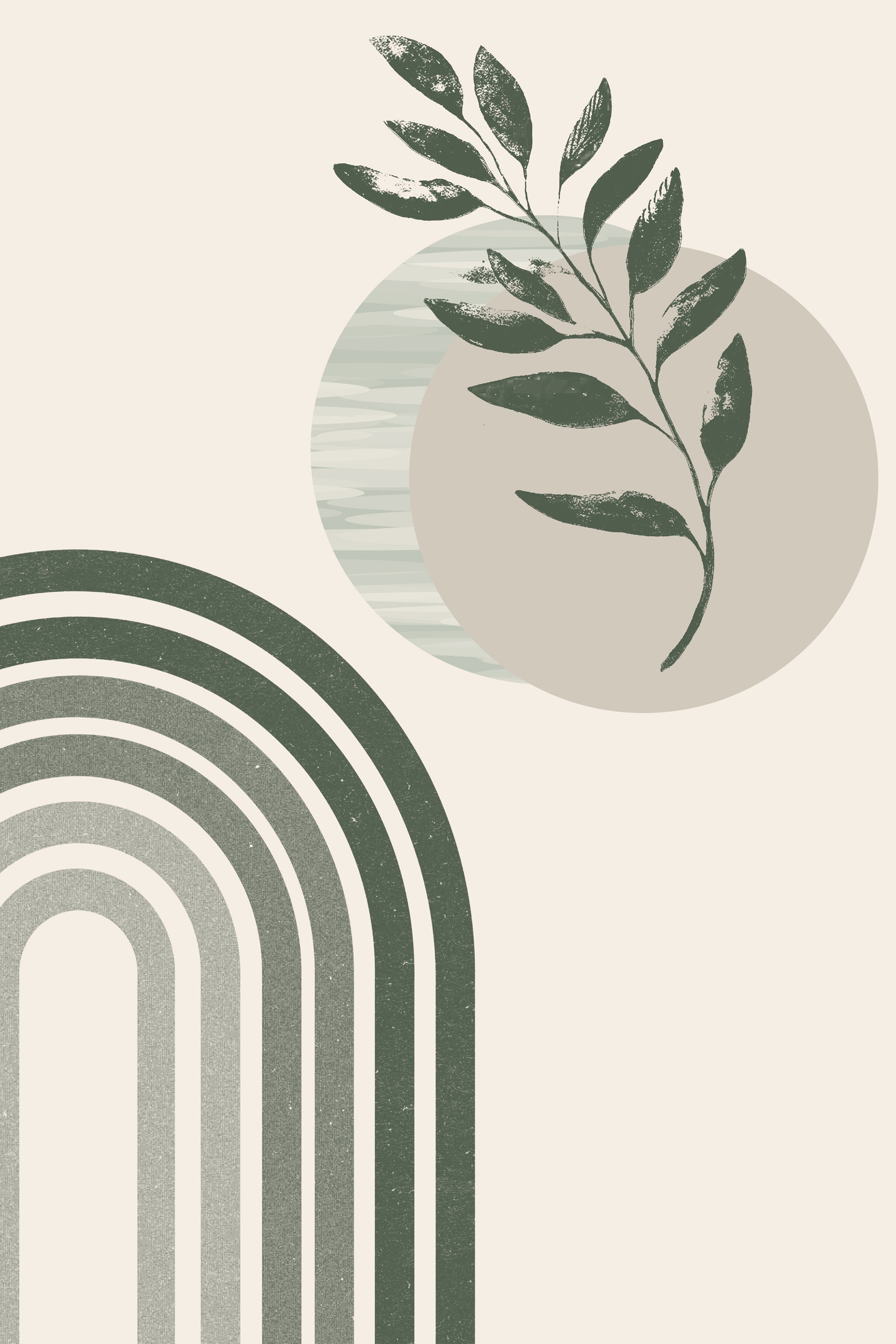 A green and white rainbow with a leaf and a plant