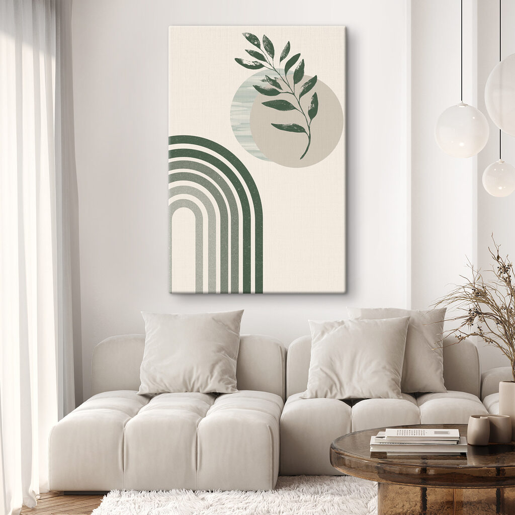 A green and white rainbow with a leaf and a plant