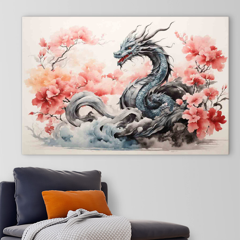 A dragon with pink flowers