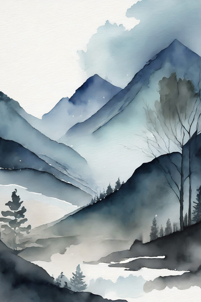 Watercolor of a mountain range with trees and fog Watercolor of a mountain range with trees and fog