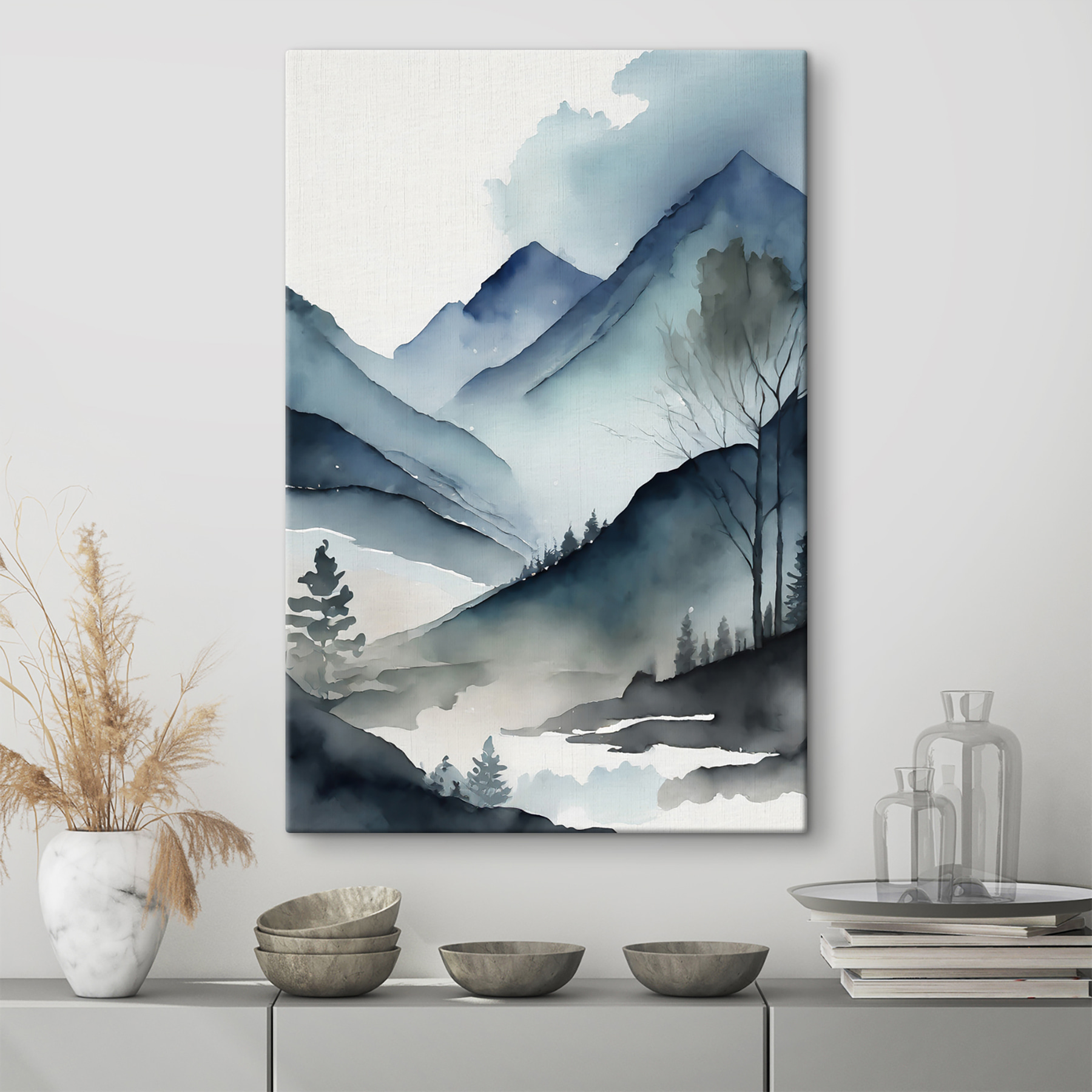 Watercolor of a mountain range with trees and fog Watercolor of a mountain range with trees and fog
