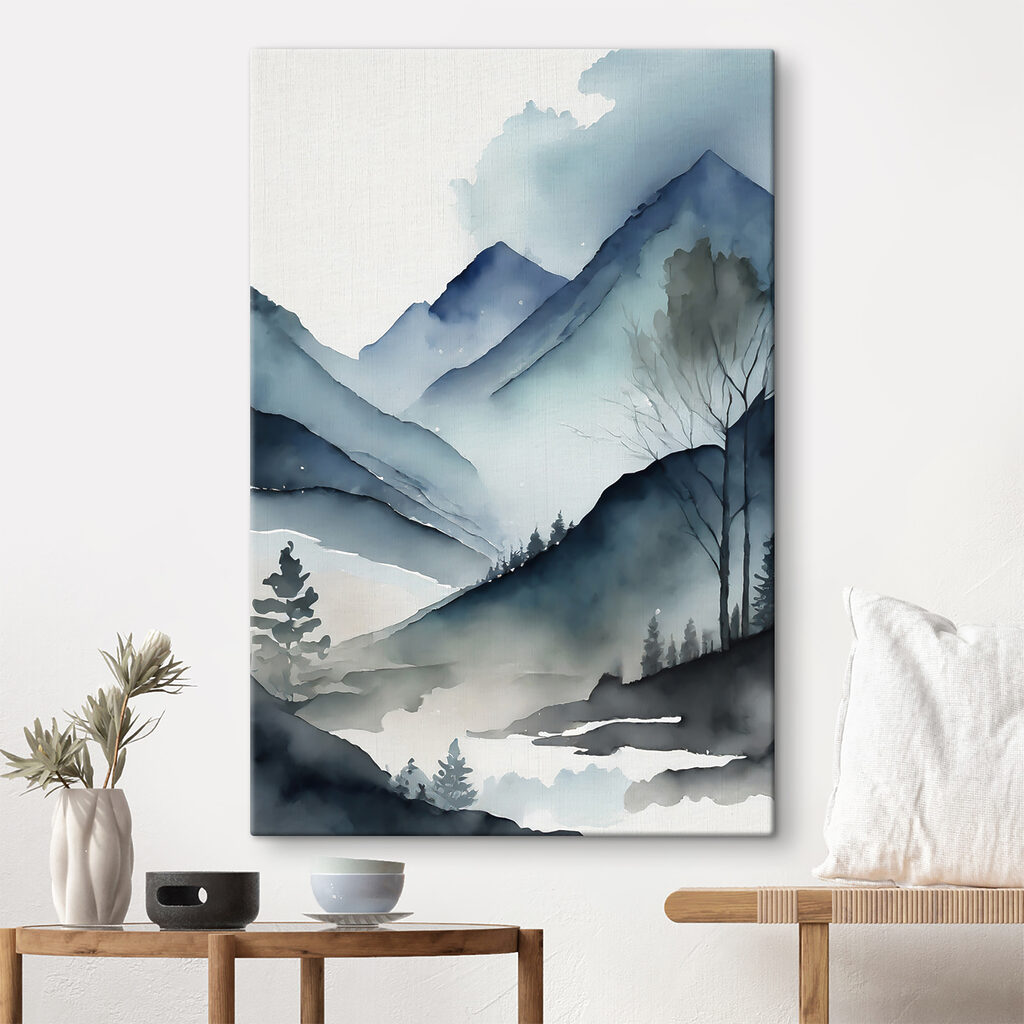 Watercolor of a mountain range with trees and fog Watercolor of a mountain range with trees and fog
