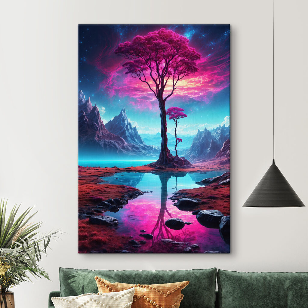 A landscape with a tree and mountains