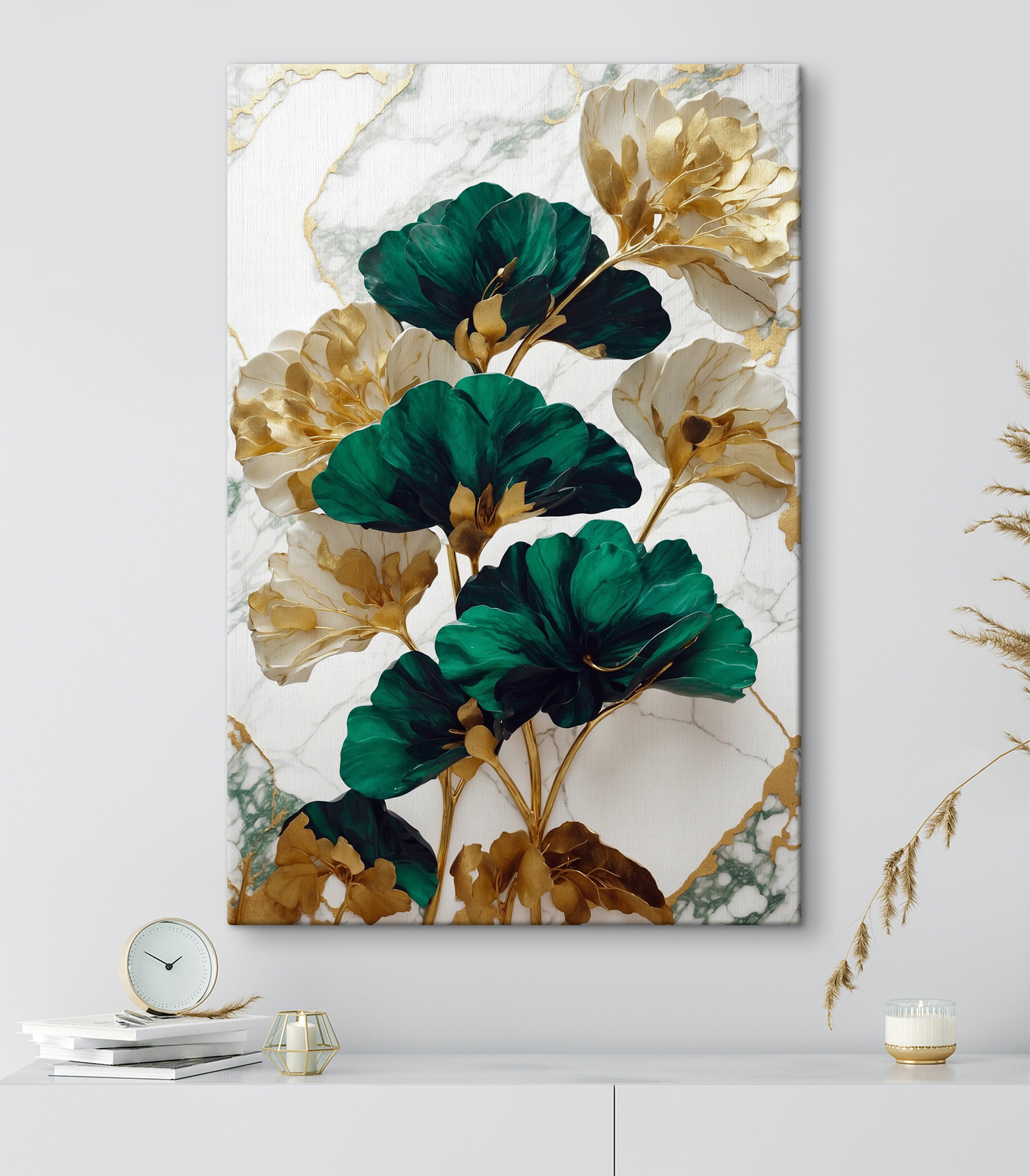 A green and white flowers on a marble surface