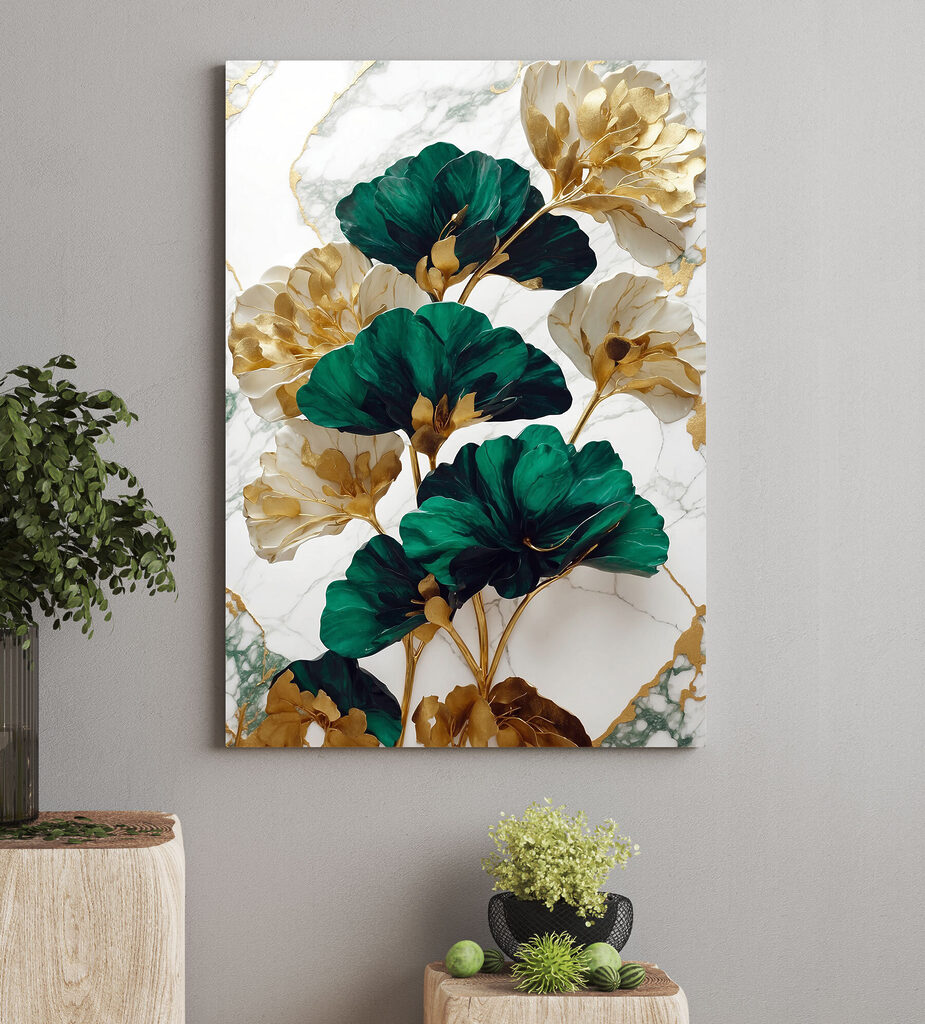 A green and white flowers on a marble surface
