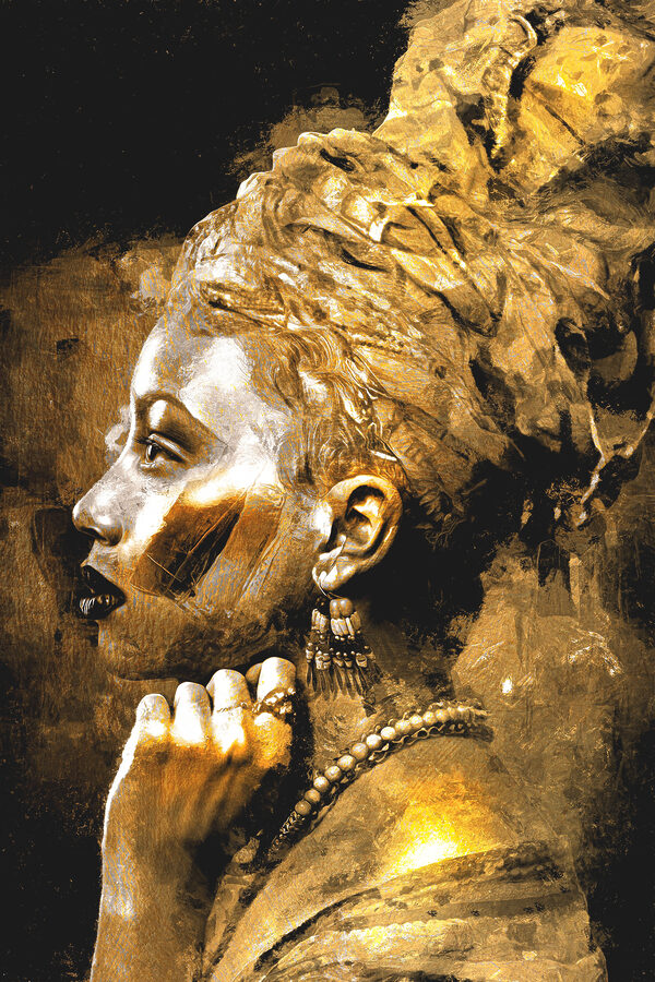 A woman with a turban and a hand on her chin A woman with a turban and a hand on her chin