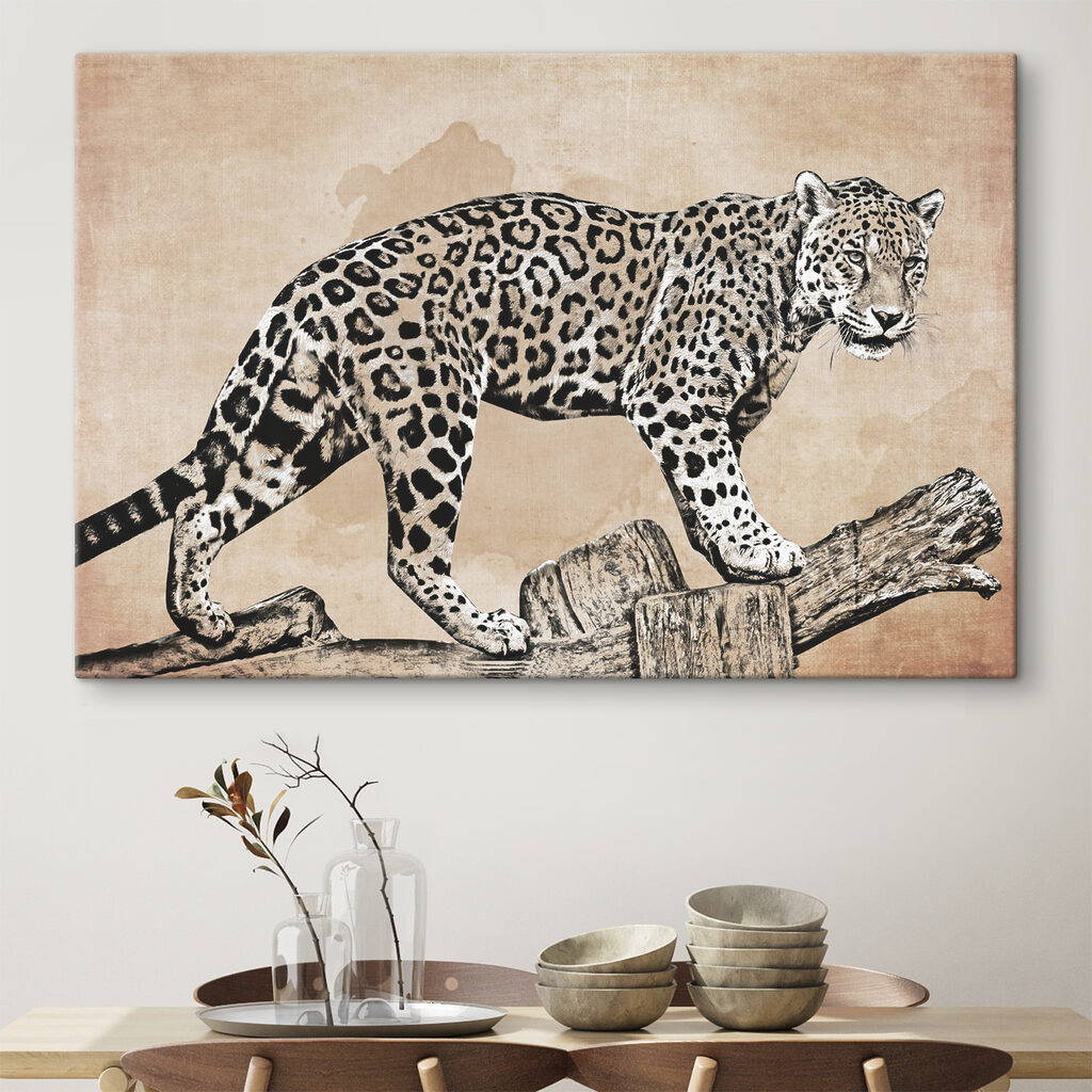 A drawing of a leopard walking on a log