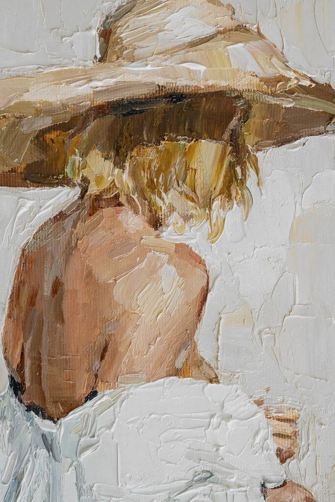 A painting of a woman wearing a hat