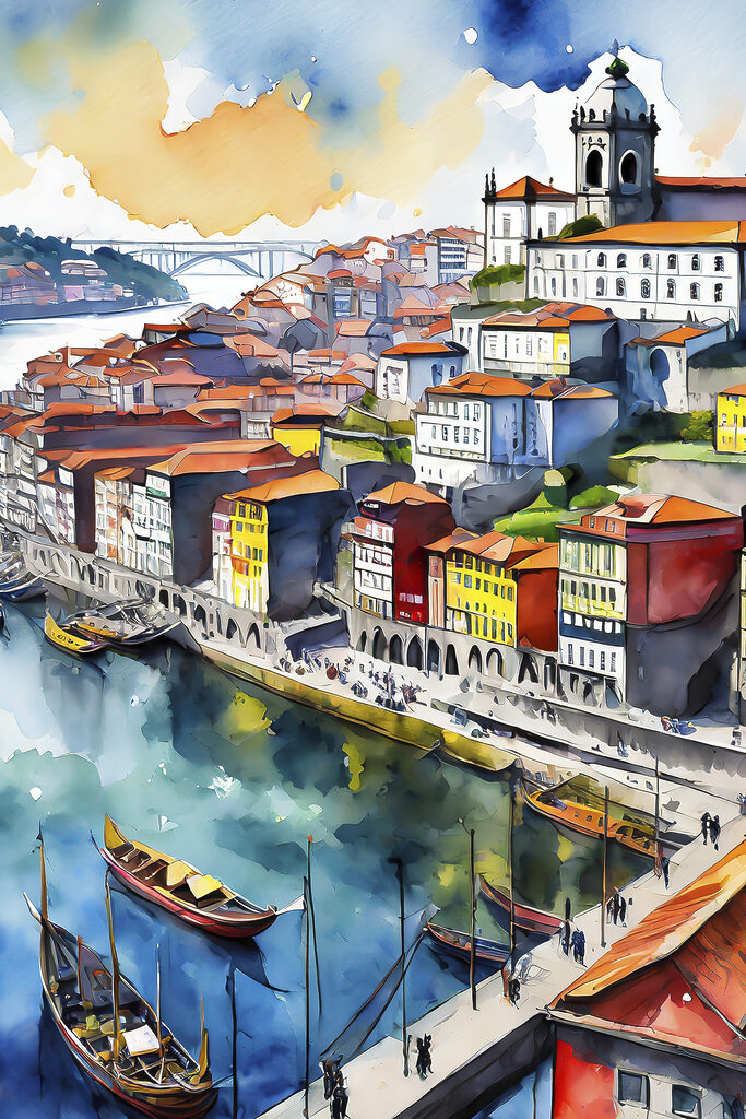 Watercolor of a city with boats and a bridge Watercolor of a city with boats and a bridge