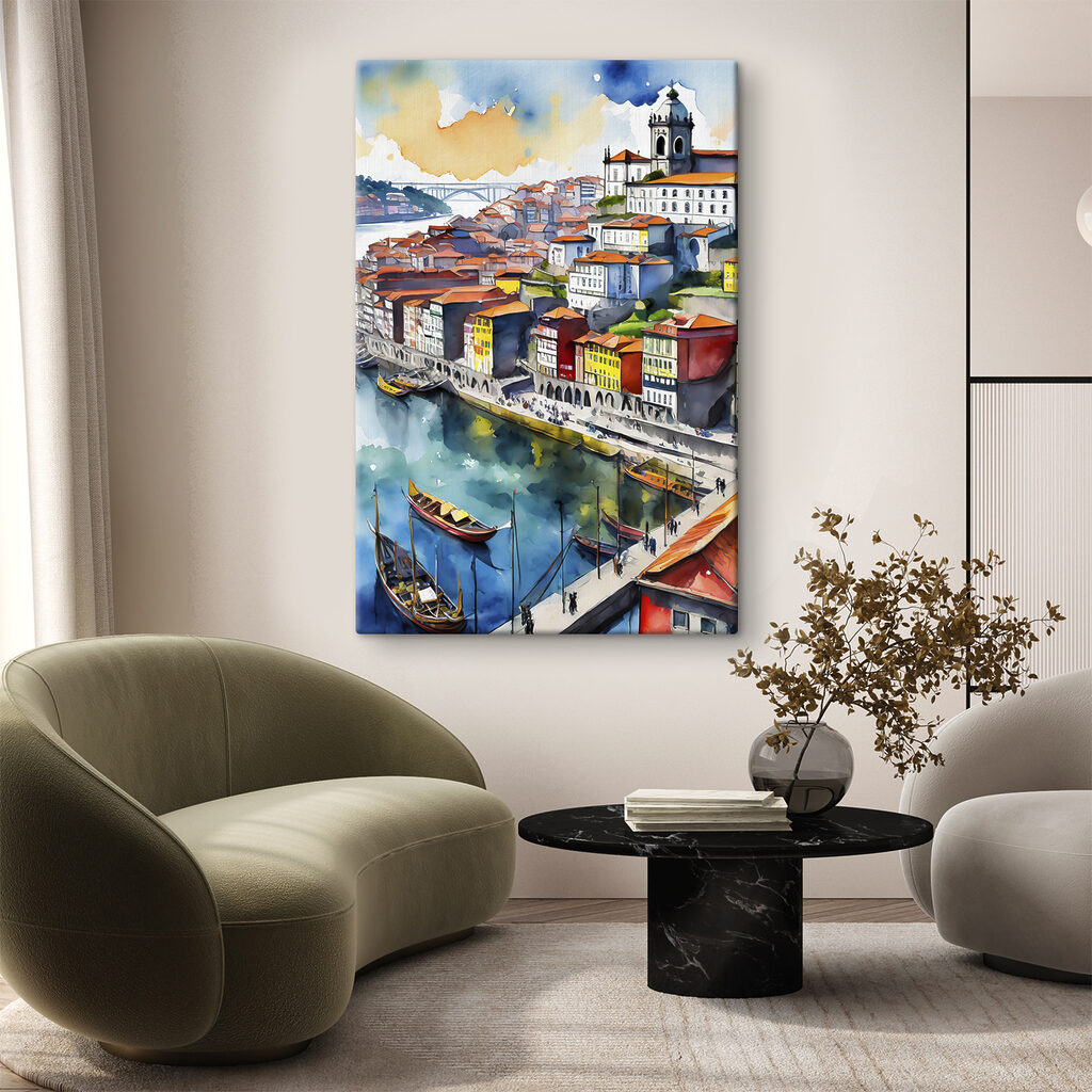 Watercolor of a city with boats and a bridge Watercolor of a city with boats and a bridge