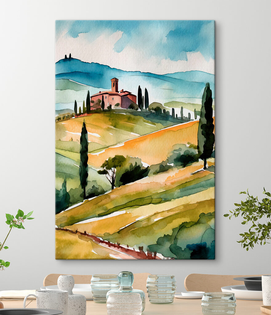 Watercolor of a house on a hill with trees and hills Watercolor of a house on a hill with trees and hills