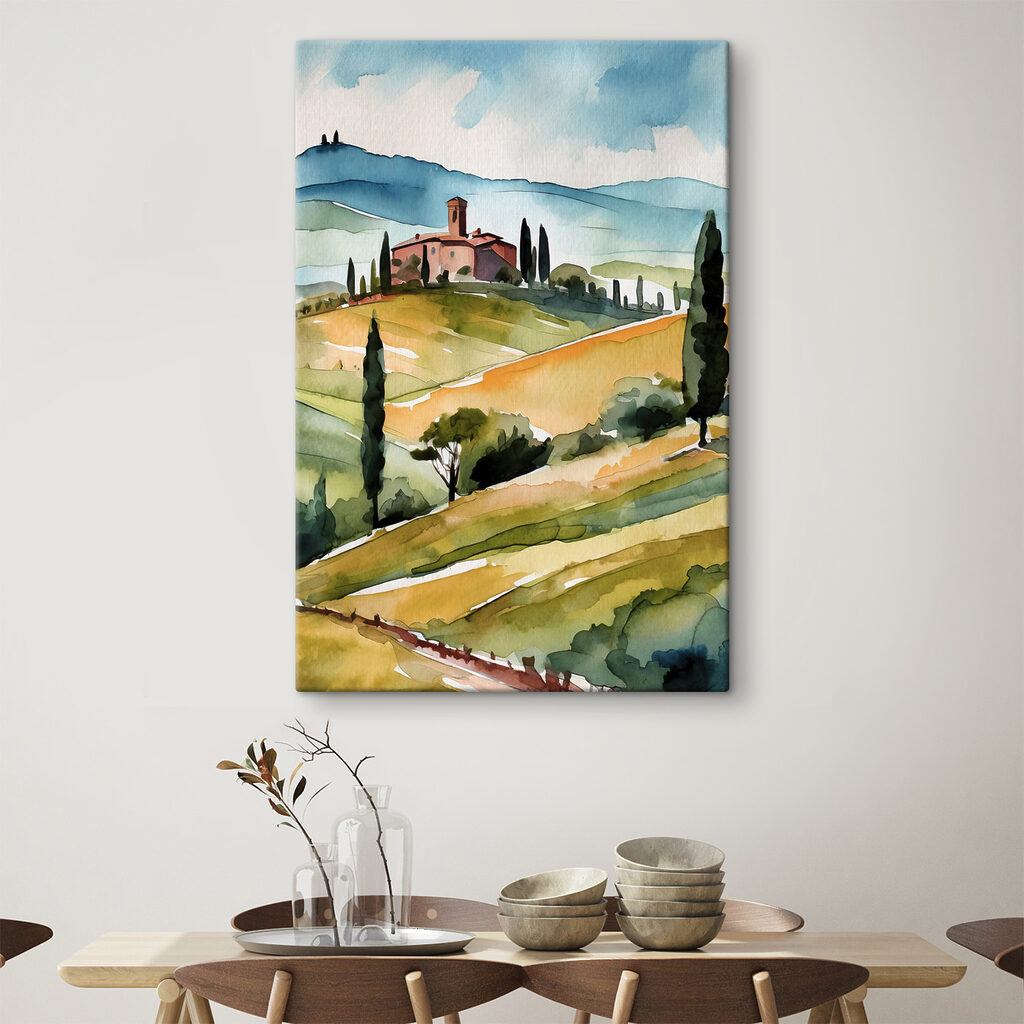 Watercolor of a house on a hill with trees and hills Watercolor of a house on a hill with trees and hills