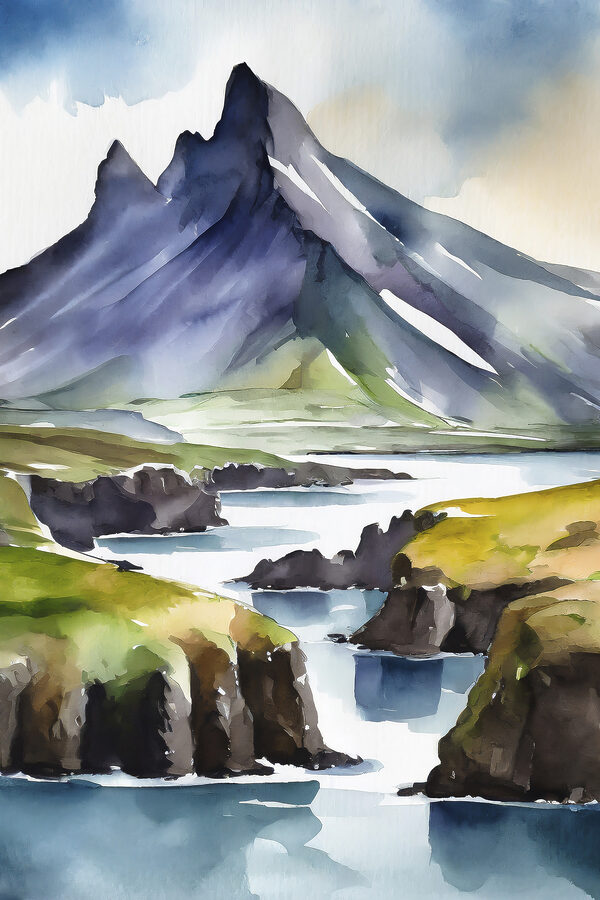 Watercolor painting of a mountain and a river Watercolor painting of a mountain and a river