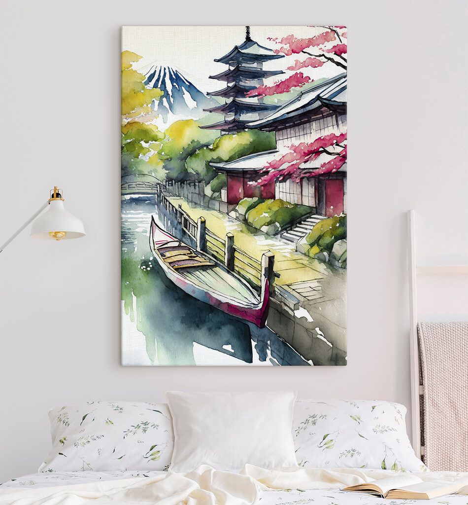 A watercolor painting of a boat on a river
