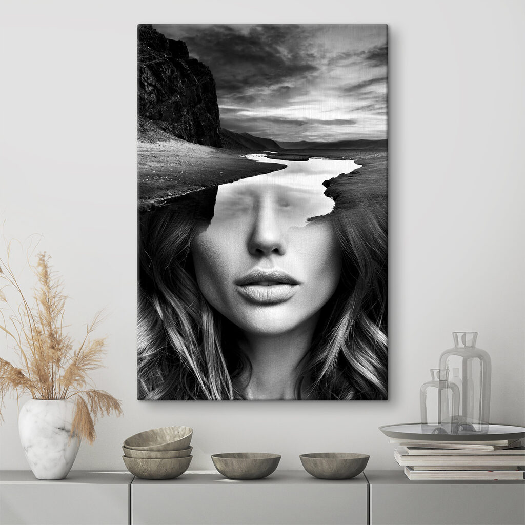 A woman's face with a river and mountains A woman's face with a river and mountains