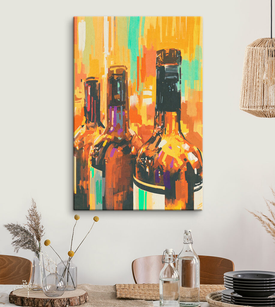 A group of bottles with a colorful background