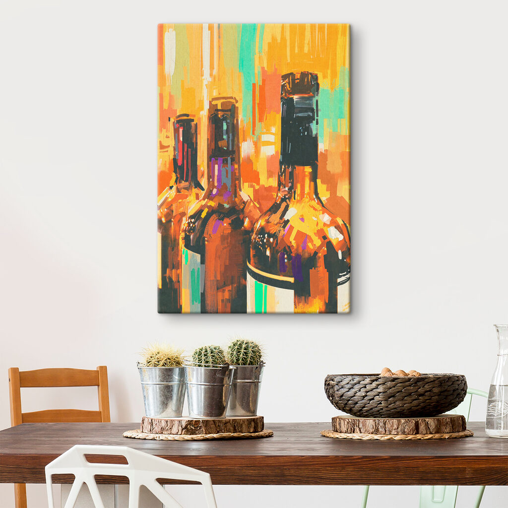 A group of bottles with a colorful background