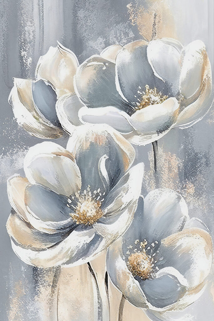 A painting of flowers on a grey background