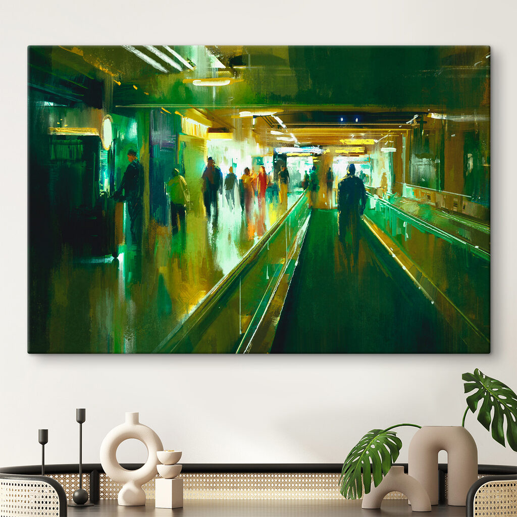 A group of people walking on an escalator A group of people walking on an escalator